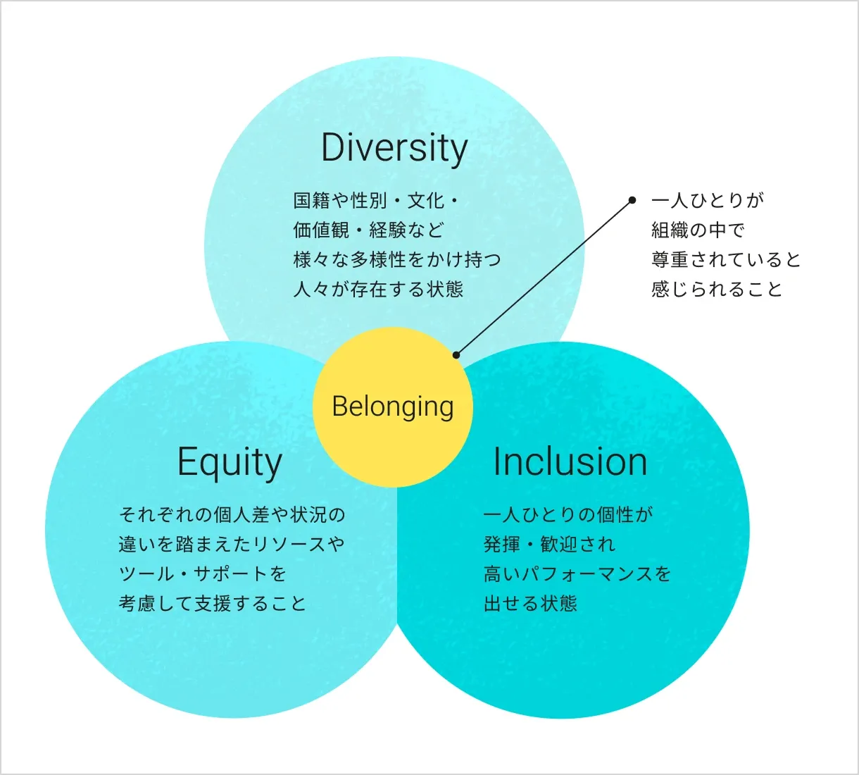Belonging(帰属意識)を中央に置き、その周囲で Diversity・Equity・Inclusion の3円が重なり合うベン図。