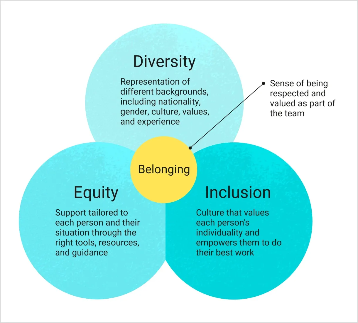 A Venn diagram with Belonging at its center and the three circles of Diversity, Equity, and Inclusion overlapping around it.