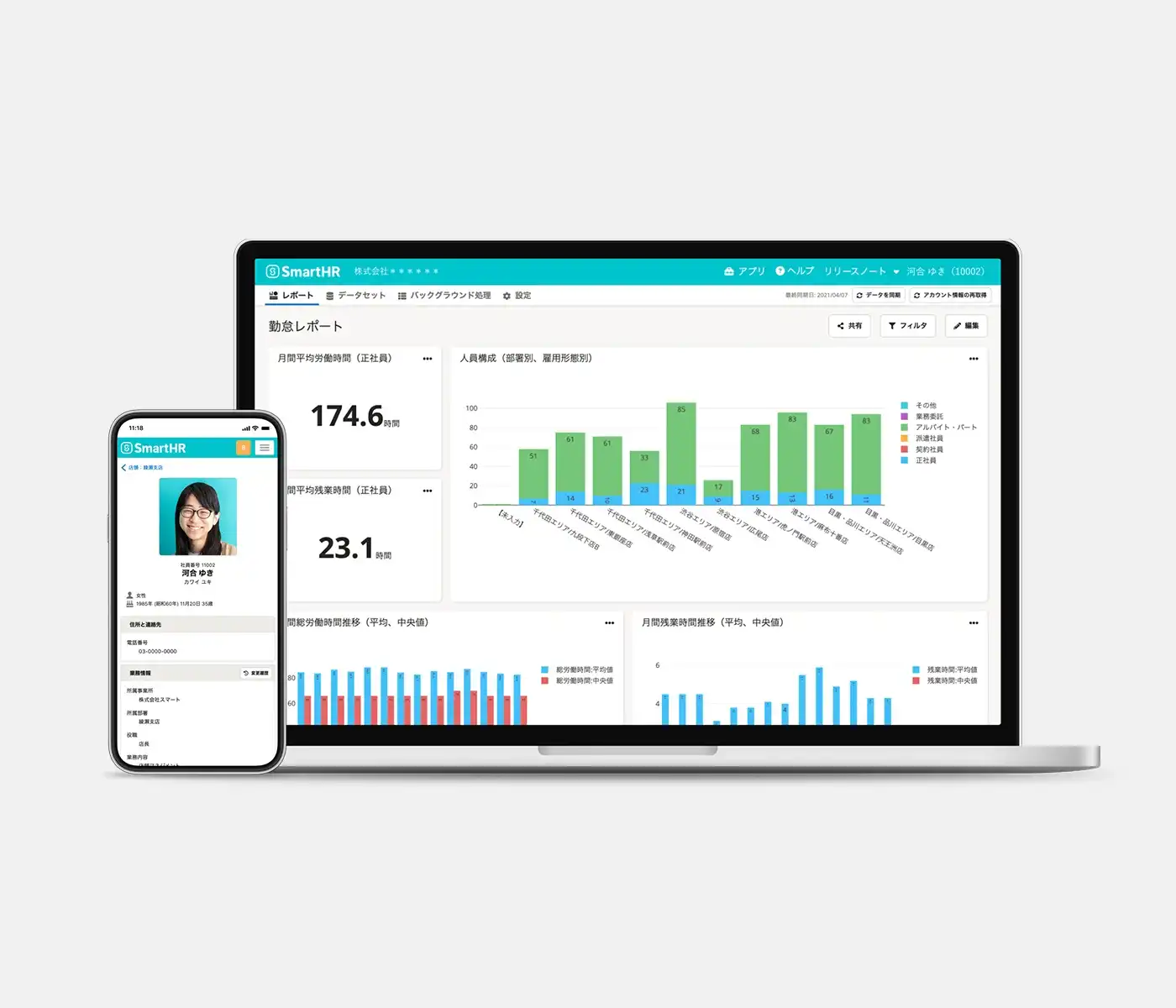 パソコンとスマートフォンで開いたSmartHRのサービス画面。パソコンはレポート分析機能、スマートフォンは名簿機能を表示。