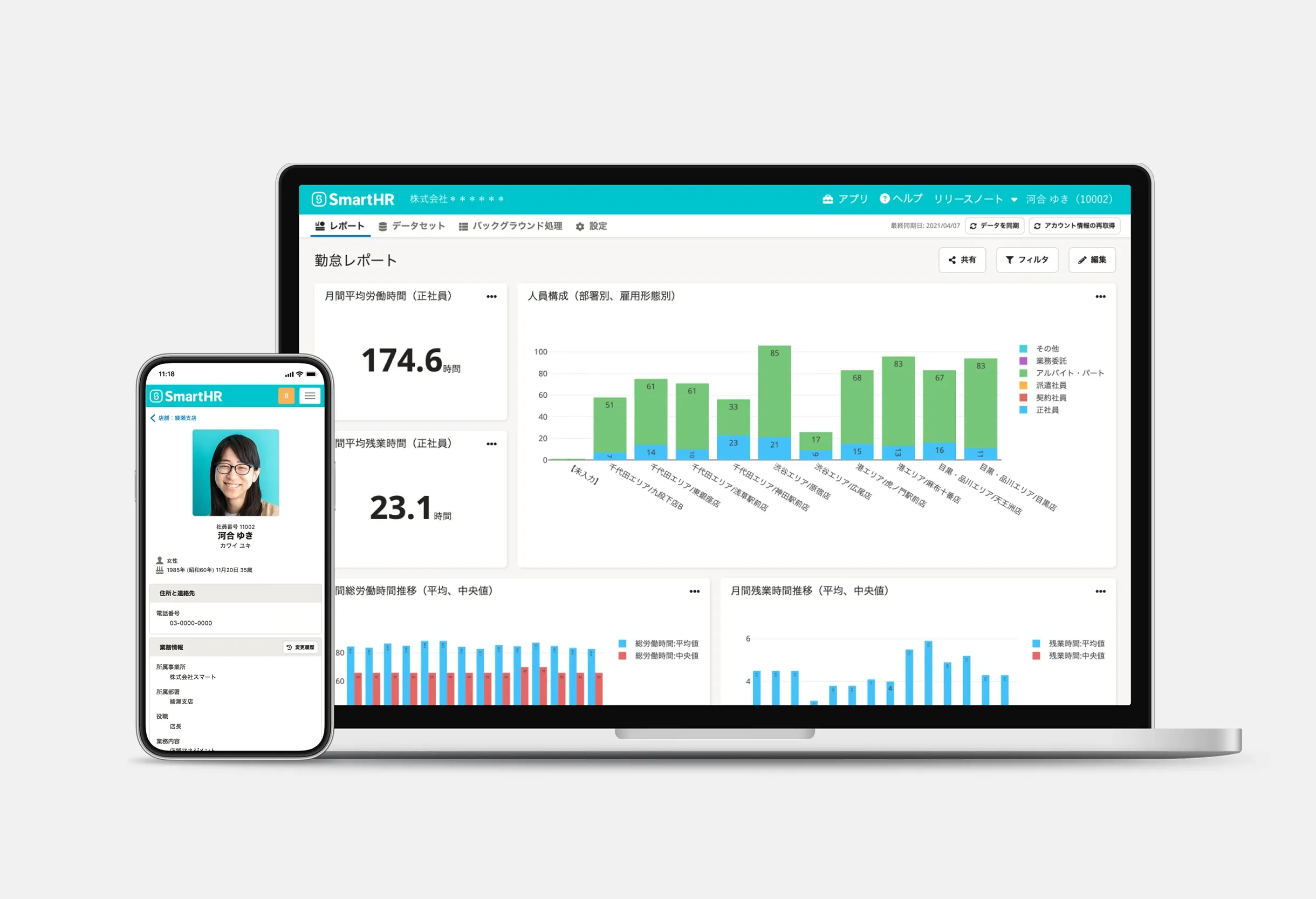 SmartHRのサービス画面が映った、スマートフォンとパソコン